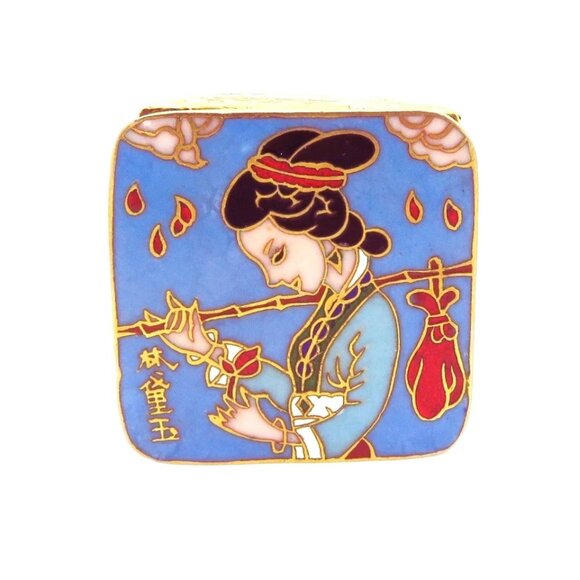 Vintage Oriental Chinese Geisha Cloissone Enamel Pill Trinket Box - Picture 2 of 8